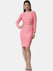 Popwings Women Self Design Ruched Crop Top With Pencil Skirt