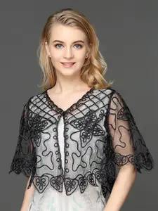 JC Collection Embroidered Sheer Crop Button Shrug