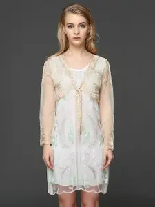 JC Collection Embroidered Sheer Long Sleeves Crop Tie-Up Shrug