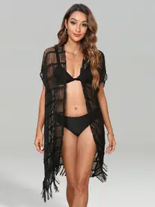 JC Collection Self Design Tasselled Longline Sheer Open Front Shrug