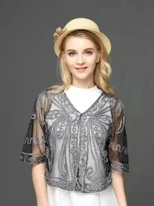 JC Collection Embroidered Sheer Button Shrug