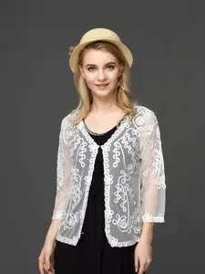 JC Collection Embroidered Sheer Button Shrug