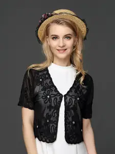 JC Collection Embroidered Sheer Crop Button Shrug
