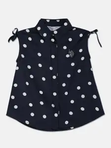 U.S. Polo Assn. Kids Girls Nautical Polka Dot Printed Shirt Collar A-Line Top