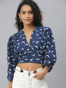 SHOWOFF Abstract Printed Puff Sleeves Crop Shirt Style Top