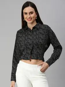 SHOWOFF Typography Printed cuffed Sleeves Cut Out Crop Shirt Style Top
