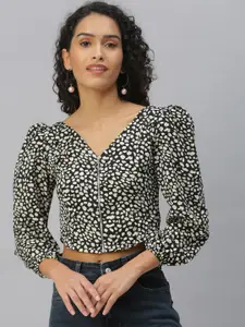 SHOWOFF Abstract Printed V-Neck Puff Sleeves Crop Top