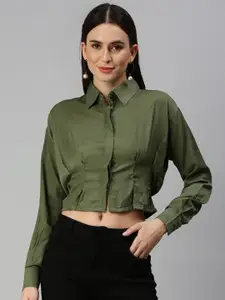 SHOWOFF Cuffed Sleeves Pleated Shirt Style Crop Top