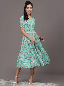 Selvia V-Neck Floral Printed Tiered Crepe A-Line Midi Dress