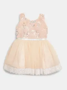 V-Mart Infant Girls Round Neck Sequined Cotton Fit & Flare Dress