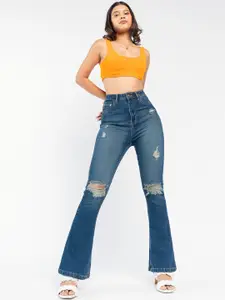 FREAKINS Women Bootcut High-Rise Slash Knee Light Fade Pure Cotton Jeans