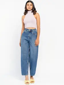 FREAKINS Women Slouchy Fit High-Rise Heavy Fade Cropped Pure Cotton Jeans
