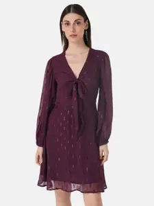 Kazo Self Design Puff Sleeves Tie-Up Neck Fit & Flare Dress