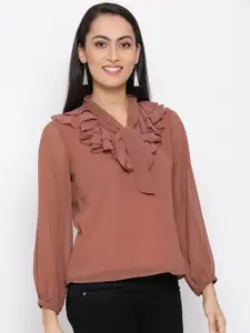 ALL WAYS YOU Tie-Ups Neck Puffed Sleeves Ruffled Top