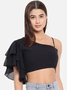 ALL WAYS YOU One Shoulder Flared Sleeves Layered Ruffled Georgette Crop Top