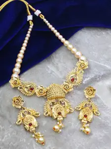 SAIYONI Gold-Plated Stone-Studded & Beaded Necklace and Earrings