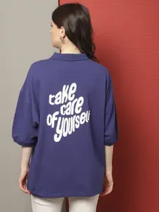 DOOR74 Typography Printed Drop-Shoulder Sleeves Polo Collar Cotton Loose T-shirt