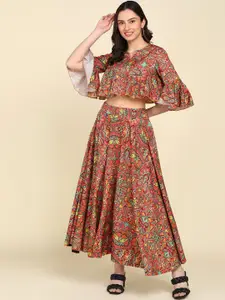 ZNX Clothing Ethnic Motifs Printed V- Neck Crop Top And Skirt Co-Ords