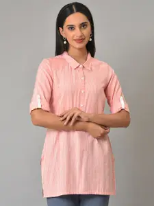 AURELIA Striped Shirt Collar Roll Up Sleeves Kurti