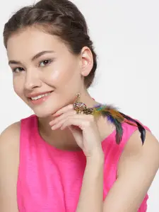 YouBella Antique Gold-Toned & Blue Peacock-Shaped Stone-Studded Ring