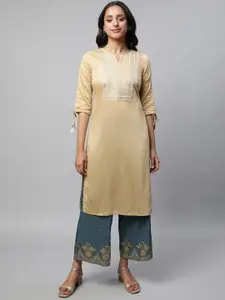 AURELIA Ethnic Motif Yoke Design V Neck Sequinned Straight Kurta