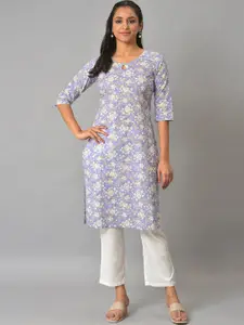 AURELIA Floral Printed Keyhole Neck Pure Cotton Kurta