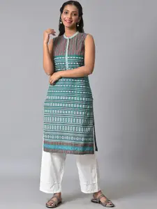 AURELIA Geometric Printed Band Collar Sleeveless Straight Kurta