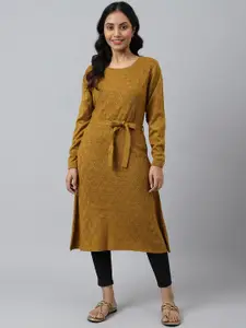 AURELIA Plus Size Ethnic Motifs Self Design Belted A-line Acrylic Kurta