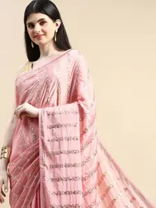 kasee Embroidered Striped Sequinned Pure Crepe Saree
