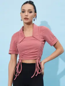 Athena Ruched Tie-Up With Collar Crop Top