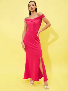 Athena Fuchsia Off-Shoulder Front Slit Maxi Dress
