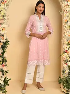 Lakshita Ethnic Motifs Embroidered Mandarin Collar Mirror Work Pure Cotton Kurta