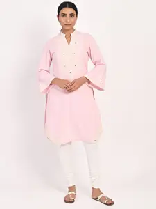 Lakshita Plus Size Embroidered Band Collar Mirror Work Pure Cotton Asymmetric Kurta