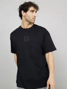 Styli Rhinestone Stud Oversized T-Shirt with Rib Neck Detail