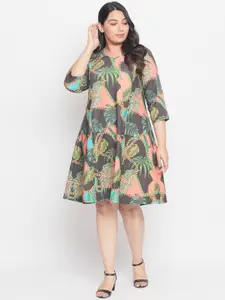Amydus Plus Size V- Neck Tropical Printed A-Line Dress