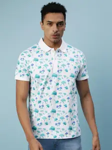 VEIRDO White & Blue Conversational Printed Polo Collar Cotton T-shirt