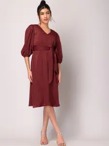 FabAlley V-Neck Puff Sleeve Satin Fit & Flare Dress