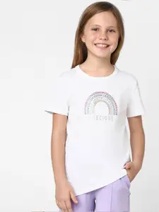 KIDS ONLY Girls Embellished Printed Round Neck Cotton T-shirt