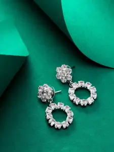 aadita Silver Plated Geometric Stone Studded Drop Earrings