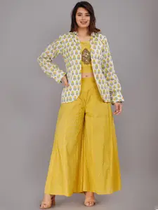 HIGHLIGHT FASHION EXPORT Printed  Pure Cotton Lapel Collar Top With Flared Palazzos & Jacket Co-Ords