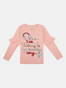 V-Mart Girls Typography Long Sleeve Ruffle Detail Cotton T-shirt