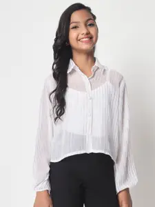 studio rasa Girls Spread Collar Vertical Striped Sheer Georgette Shirt Style Top