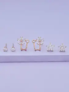Kushal's Fashion Jewellery Set Of 3 Rose Gold-Plated Cubic Zirconia Studded Studs Earrings