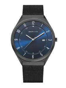 BERING Men Blue Round Dial Stainless Steel Bracelet Style Straps Analogue Watch 18740-227