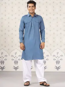 Ode by House of Pataudi Curved Hem Shirt Collar Pathani Kurta with Pyjamas