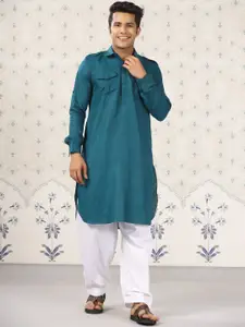 Ode by House of Pataudi Curved Hem Shirt Collar Pathani Kurta with Pyjamas