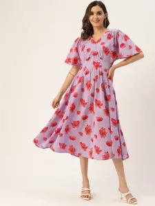 MISRI Floral Print Flared Sleeve Fit & Flare Midi Dress