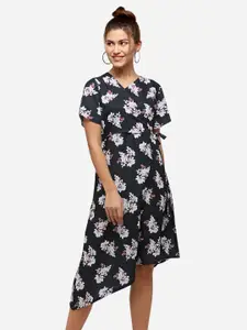 Selvia Floral Printed Slit Sleeves Asymmetric Wrap Midi Dress