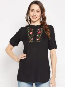 Ruhaans Floral Embroidered Mandarin Collar Longline Top