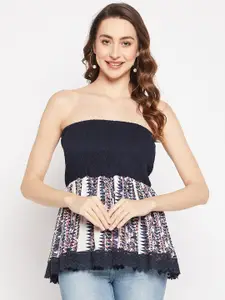 Ruhaans Geometric Printed Strapless Smocked Cinched Waist Top